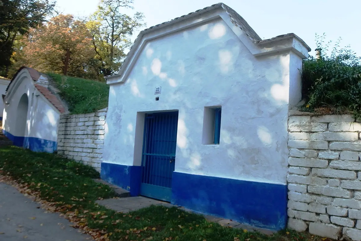Bíle omítnutý vinný sklep s modře natřeným základem, klenutými modrými dveřmi a obloukovým štítem, stojící v řadě mezi dalšími sklepy